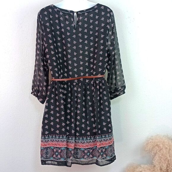 Womens Dark Floral Sheer Long Sleeve Boho Western Mini Dress / Belt sz L - Picture 10 of 14